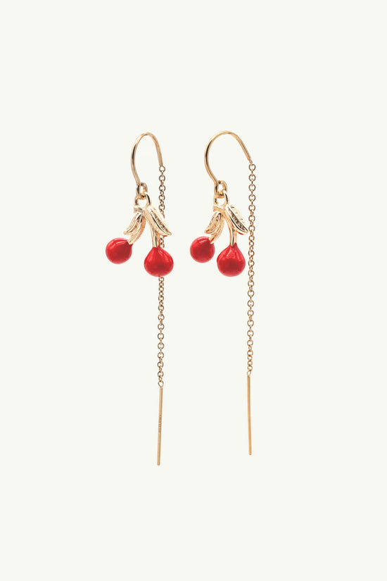 Load image into Gallery viewer, gold cherry threader earrings
