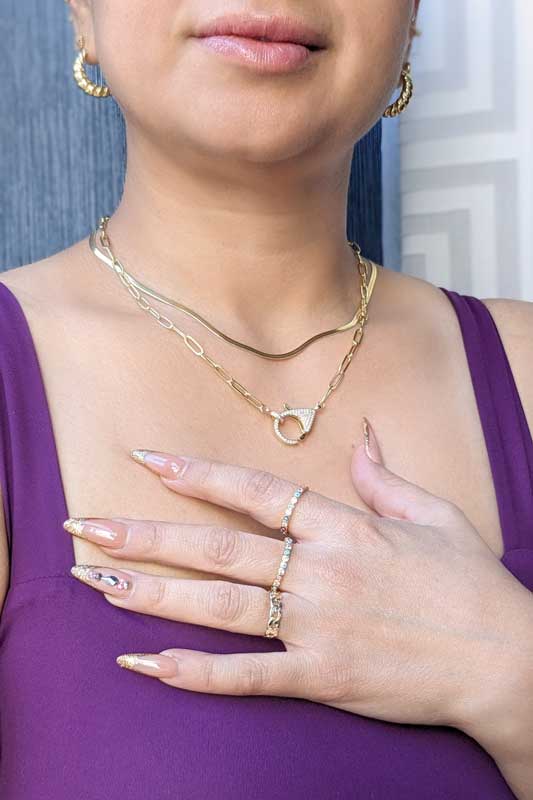 Stacking gold rings with evil eye. Gold paperclip necklace, gold minimalist herringbone chain