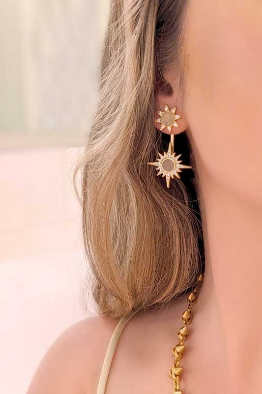 A model wearing sunburst earrings