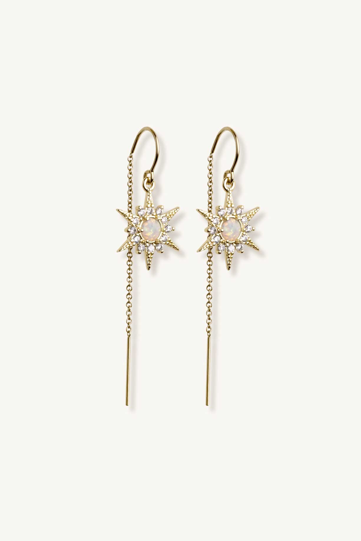 white Opal sunburst gold threader earrings